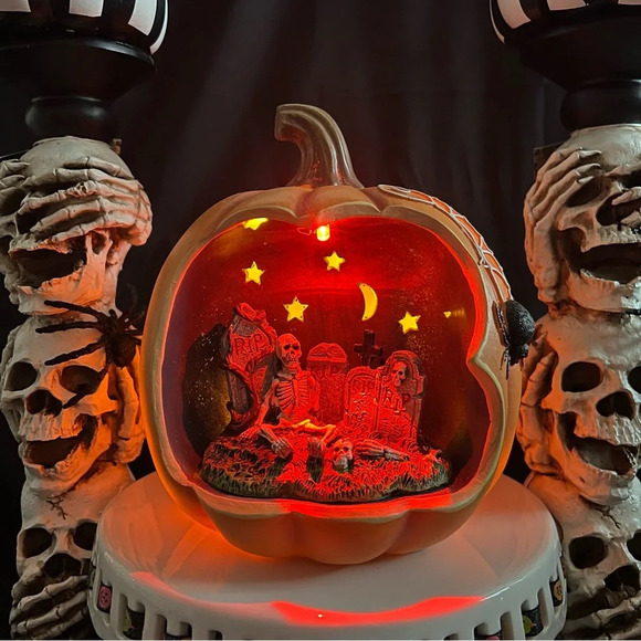 Halloween 7" Color Changing Spooky Skeleton Graveyard Scene Spiderweb Pumpkin - Picture 12 of 15